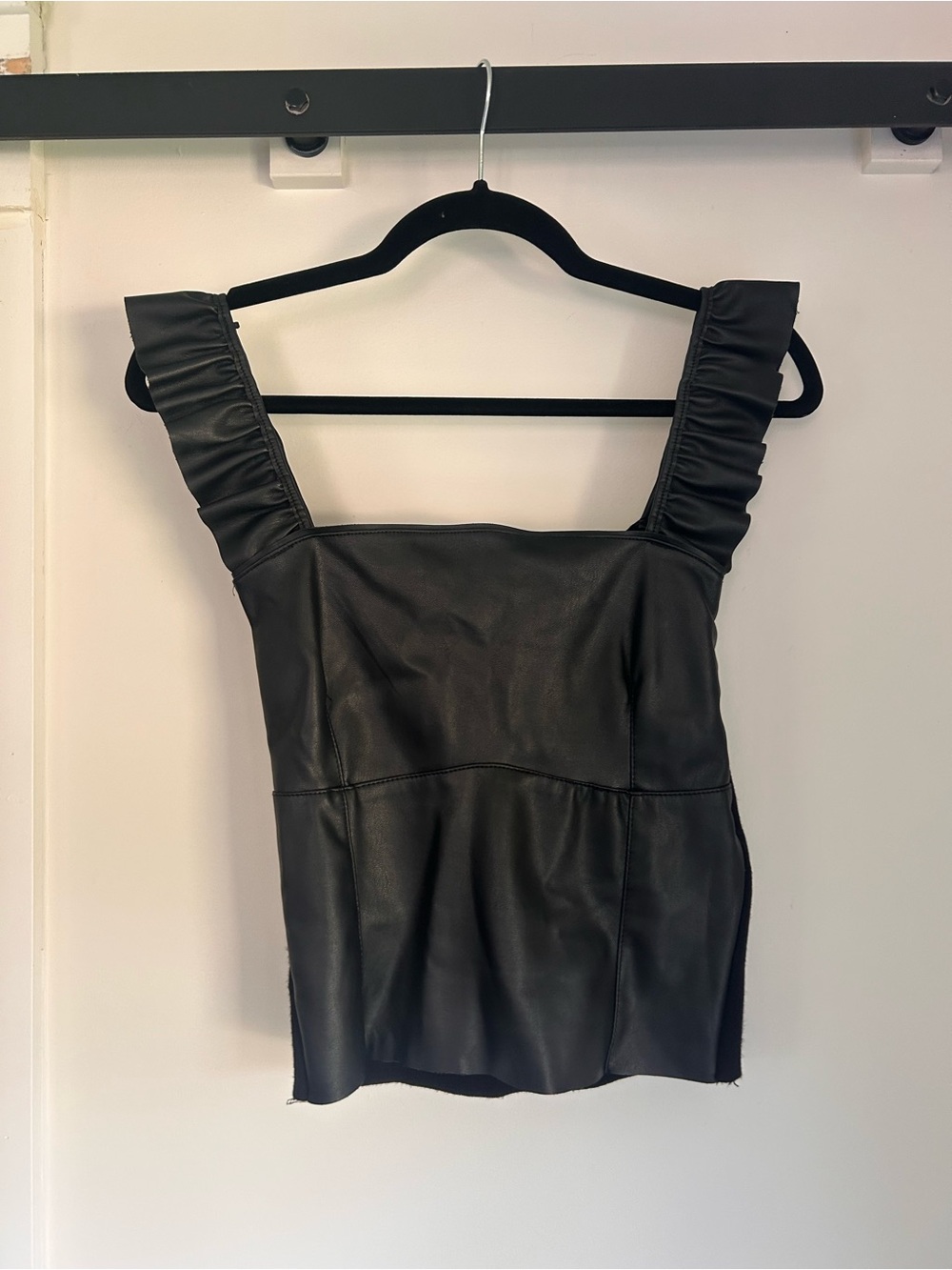 Zara Black Faux Leather Ruffled Strap Crop Top